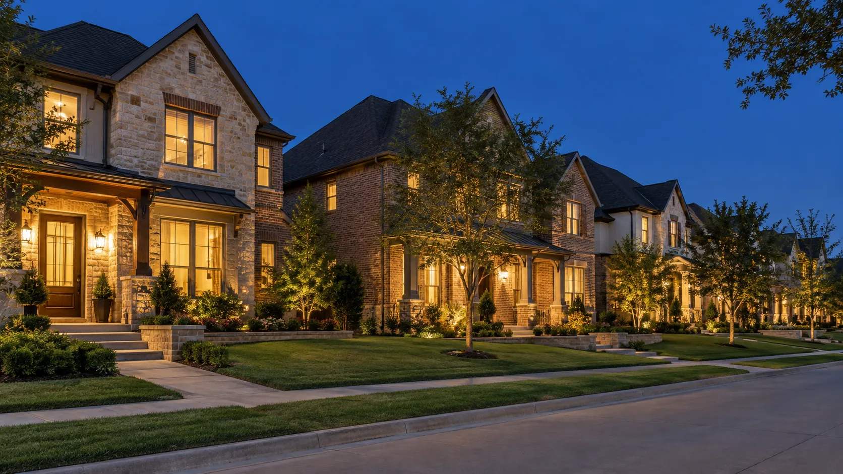 Dallas family home at golden hour with a lit porch and tidy front yard