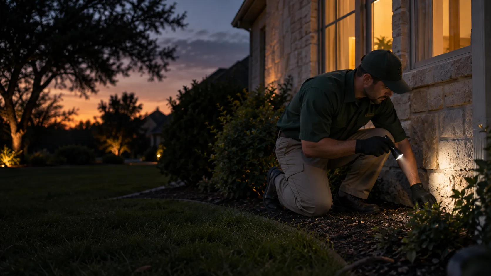 Pest control technician with a flashlight inspecting the foundation of a Dallas home at dusk