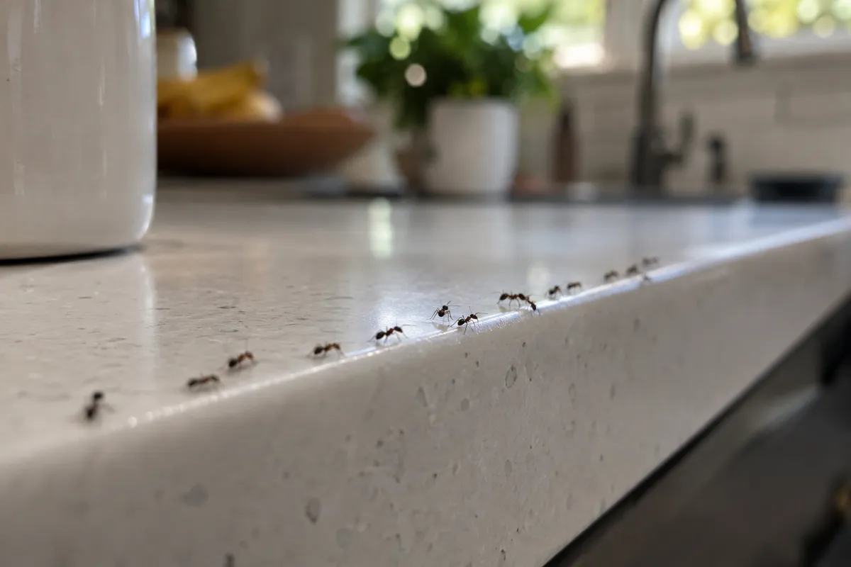 Line of ants following a trail across a kitchen counter