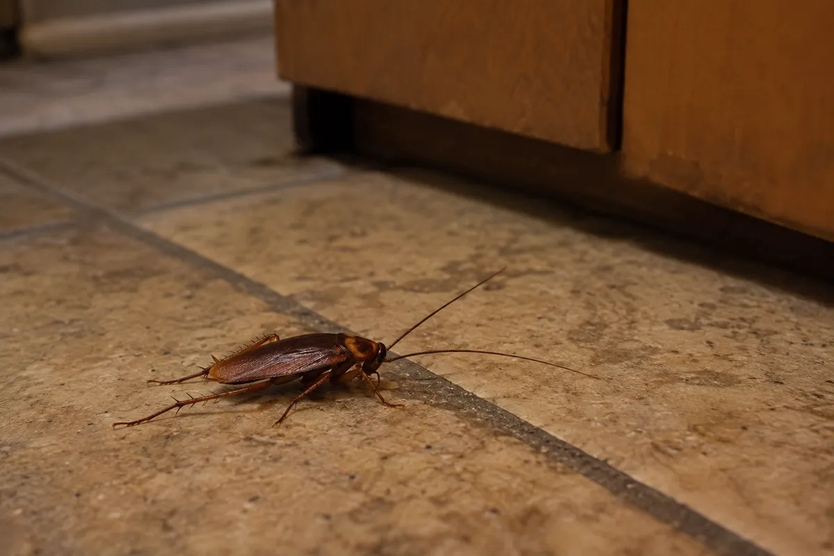 Cockroach on the edge of a kitchen cabinet door