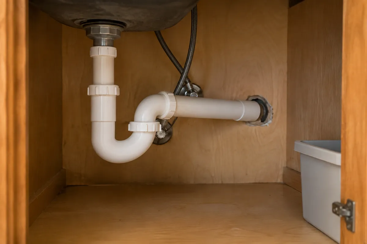 Kitchen sink cabinet opened for a cockroach inspection with a flashlight